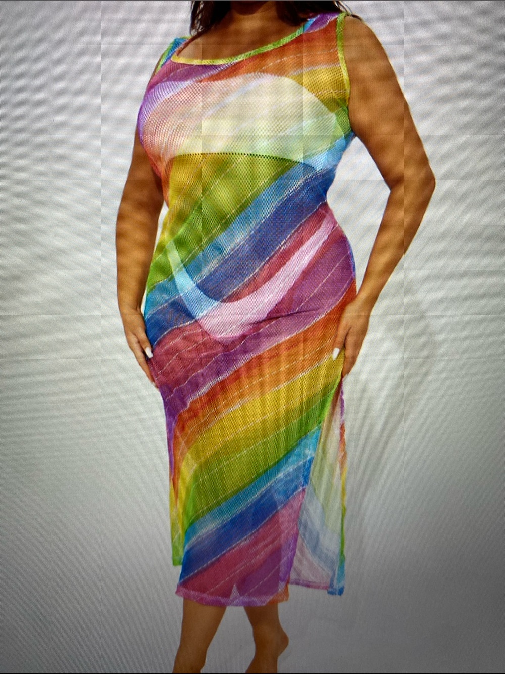 Vibrant Rainbow Sheer Mesh Cover Up Dress